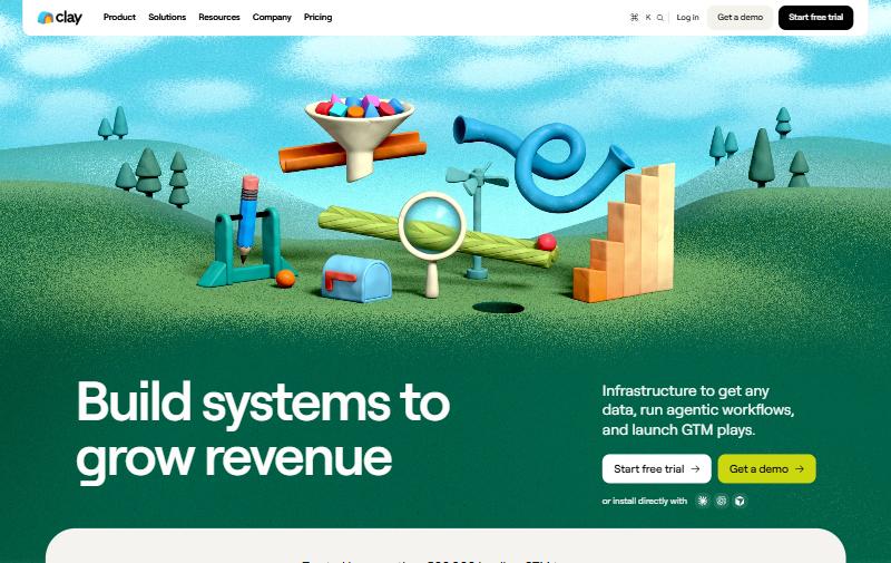 Clay homepage hero section showing programmable waterfall enrichment workbench