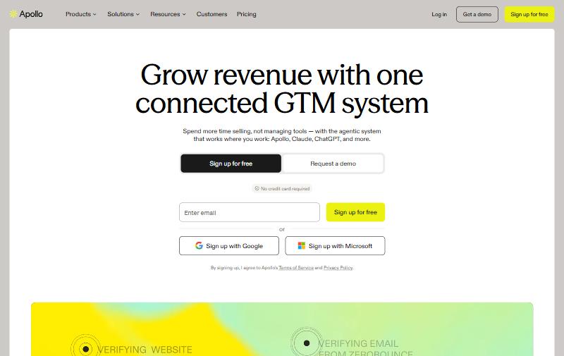 Apollo.io homepage hero showing all-in-one GTM platform with 275M contact database