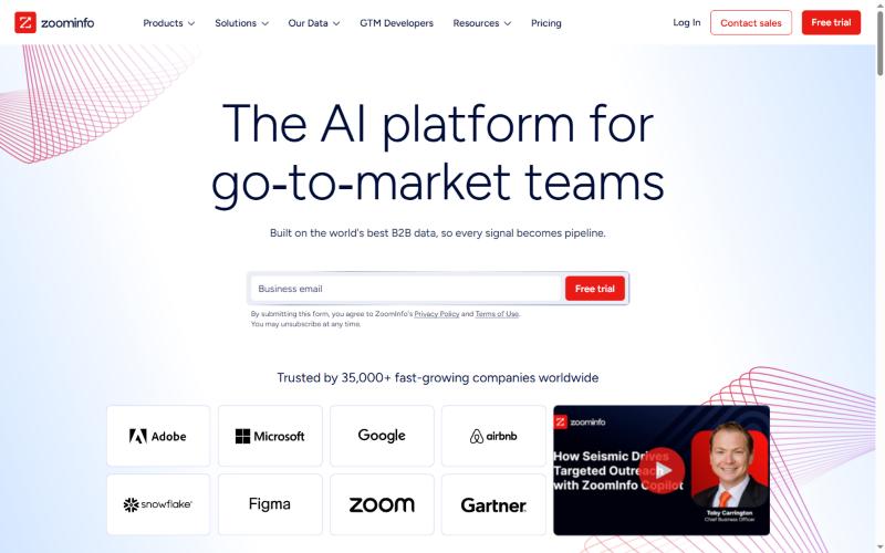 ZoomInfo homepage hero showing enterprise B2B data platform