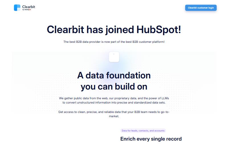 Clearbit (HubSpot Breeze Intelligence) homepage showing data foundation for B2B teams