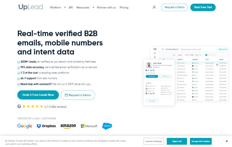 UpLead homepage hero showing real-time verified B2B emails and mobile numbers