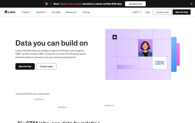 Lusha homepage hero showing B2B data and intelligence layer for GTM teams