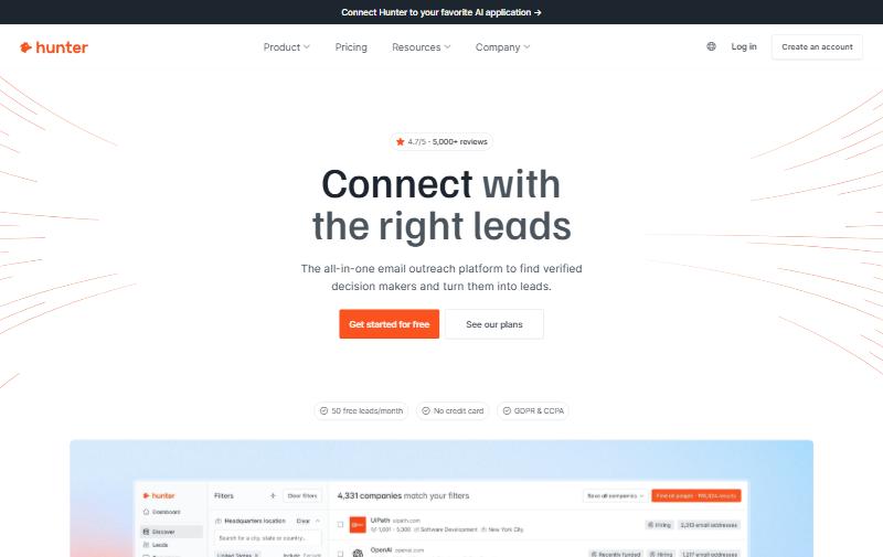 Hunter.io homepage hero showing email outreach platform to find verified decision-makers