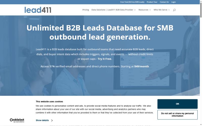 Lead411 homepage hero showing unlimited B2B leads database for SMB outbound lead generation
