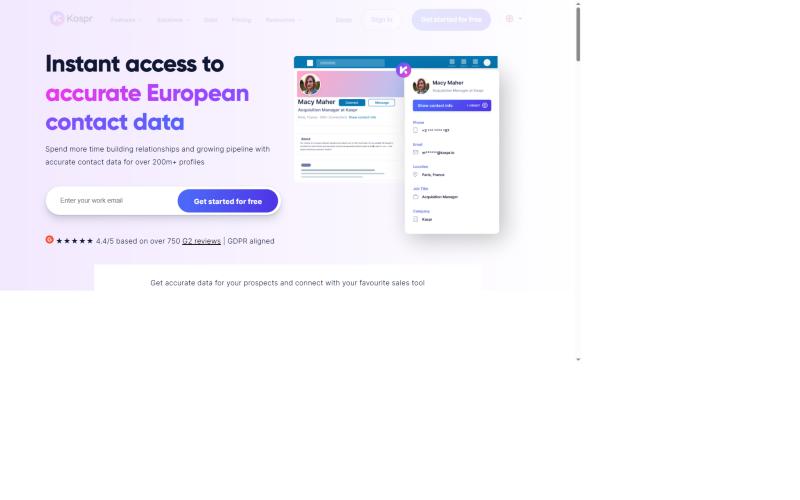 Kaspr homepage showing instant access to accurate European contact data