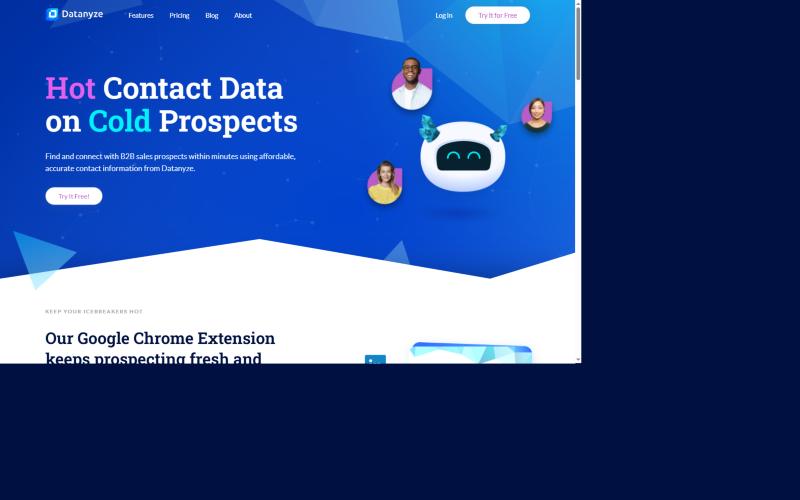 Datanyze homepage showing hot contact data on cold prospects via Chrome extension