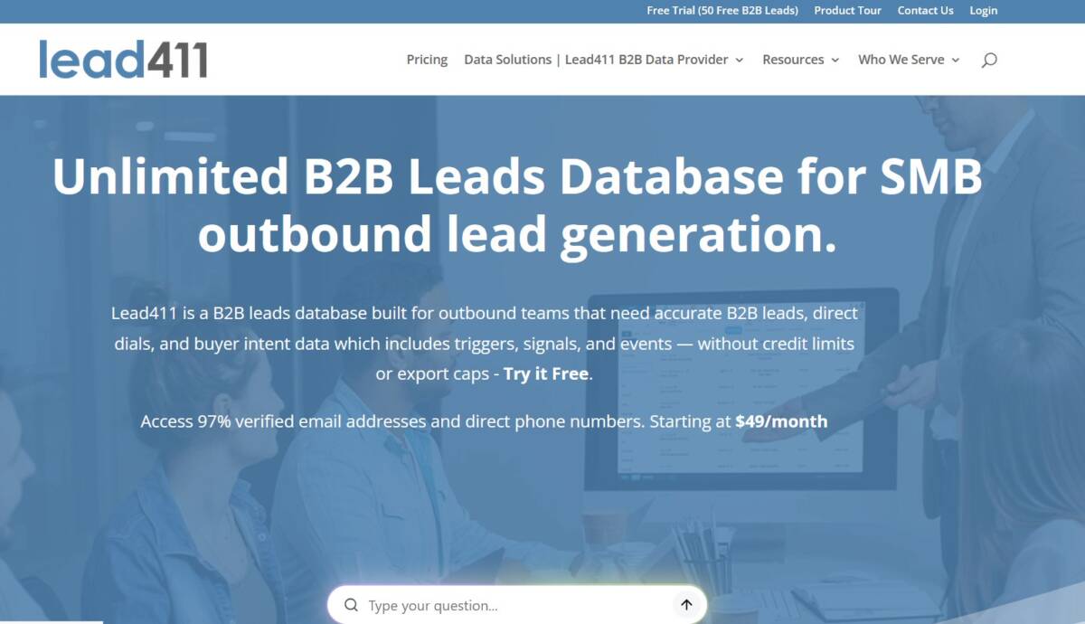 Lead411 homepage: a trigger-based UpLead alternative with verified emails, direct dials, and buyer intent