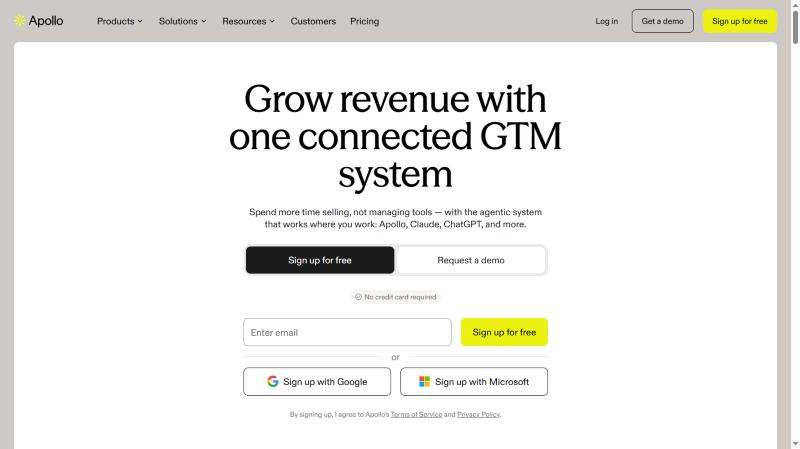 Apollo.io homepage showing its connected go-to-market system for B2B sales teams