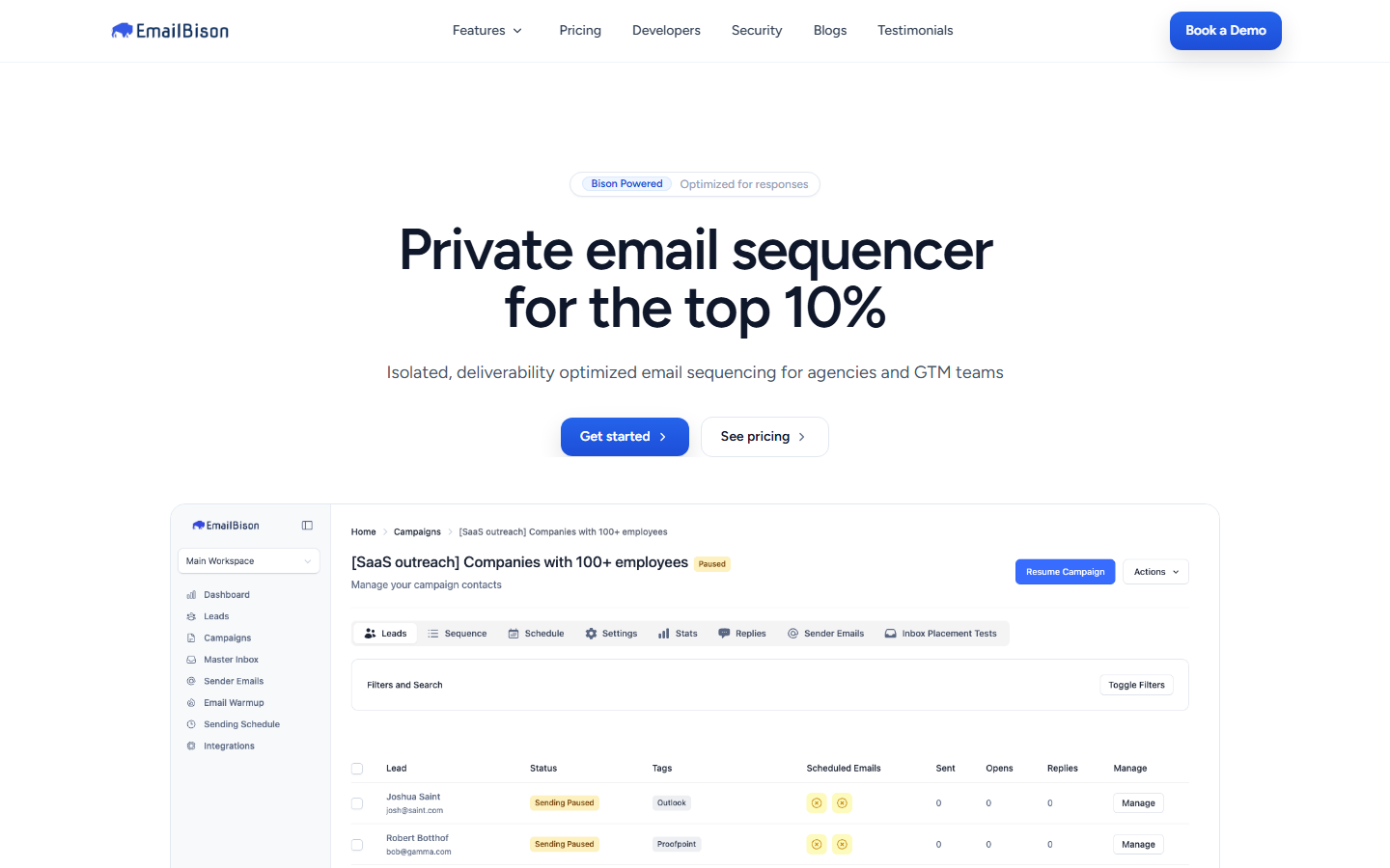 Email Bison cold email software homepage hero