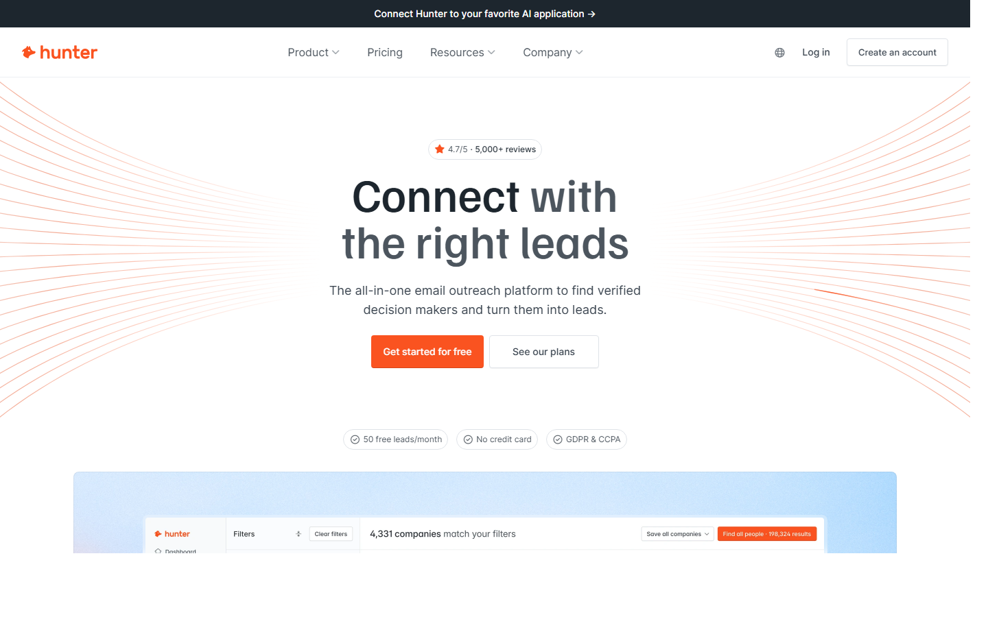 Hunter cold email software homepage hero