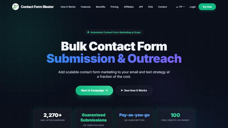 Contact Form Blaster homepage showing its bulk contact form submission and outreach platform