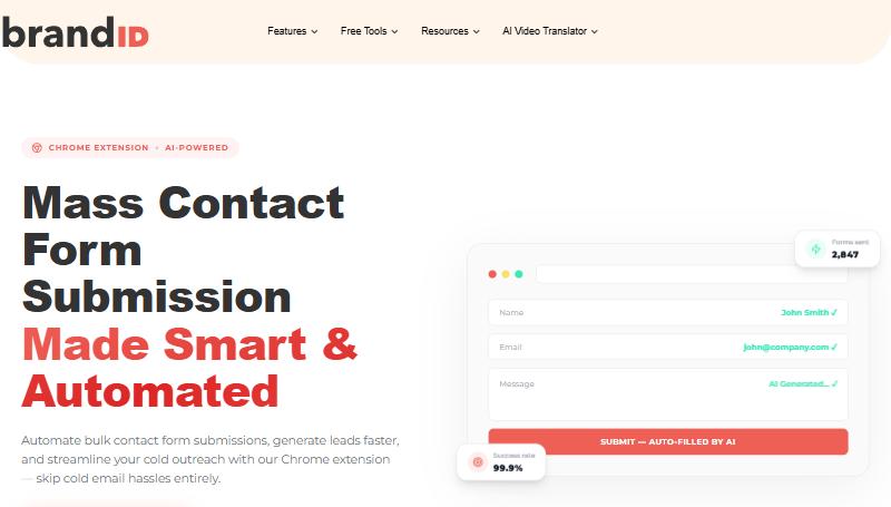contactID homepage showing its mass contact form submission Chrome extension by brandID