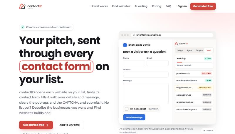 contactID homepage showing its contact-form outreach Chrome extension and live sending dashboard