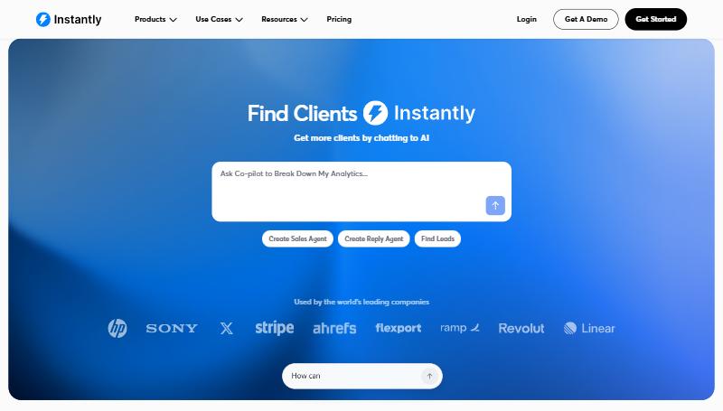 Instantly homepage showing its AI cold email and lead finding platform