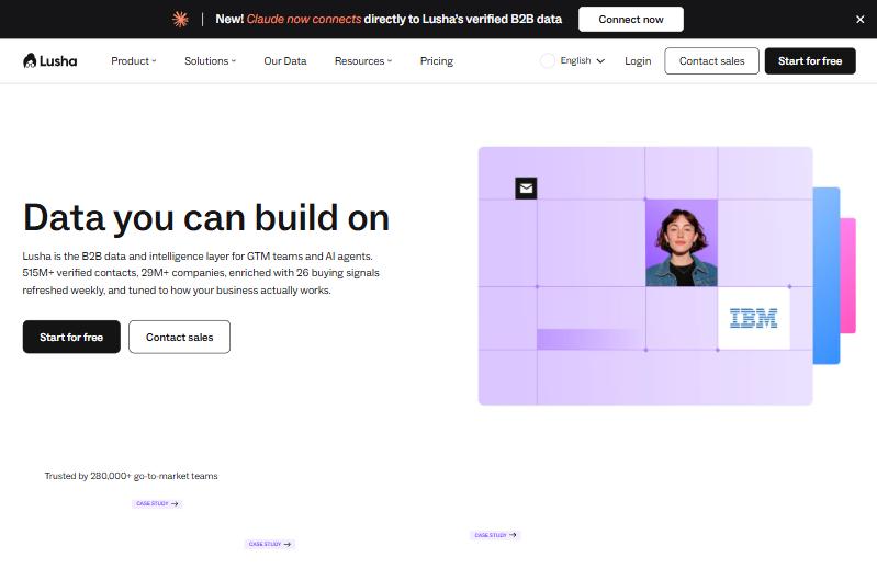 Lusha homepage hero, a simple self-serve b2b data provider