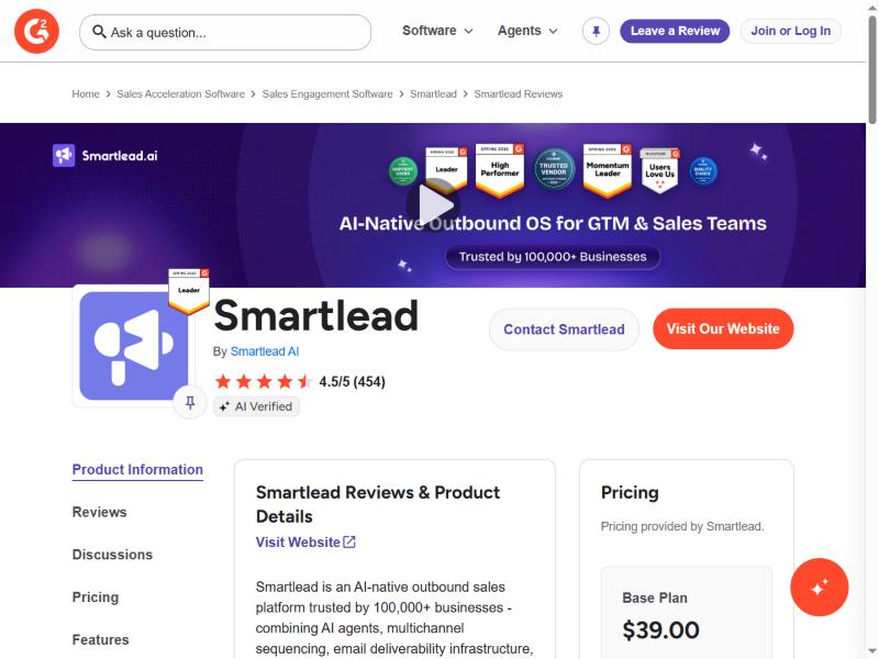 Smartlead G2 rating of 4.5 out of 5 from 454 reviews with Leader badges