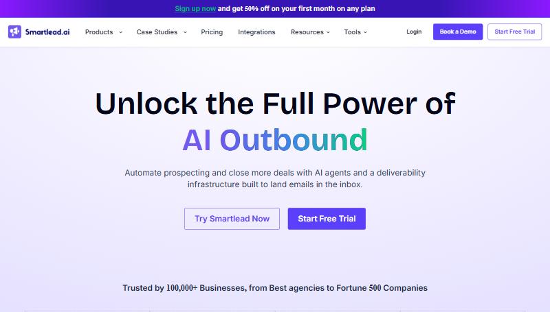 Smartlead homepage showing its AI outbound and email deliverability platform