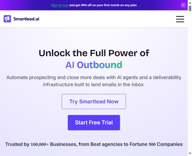 Smartlead review: homepage hero section of the AI outbound platform