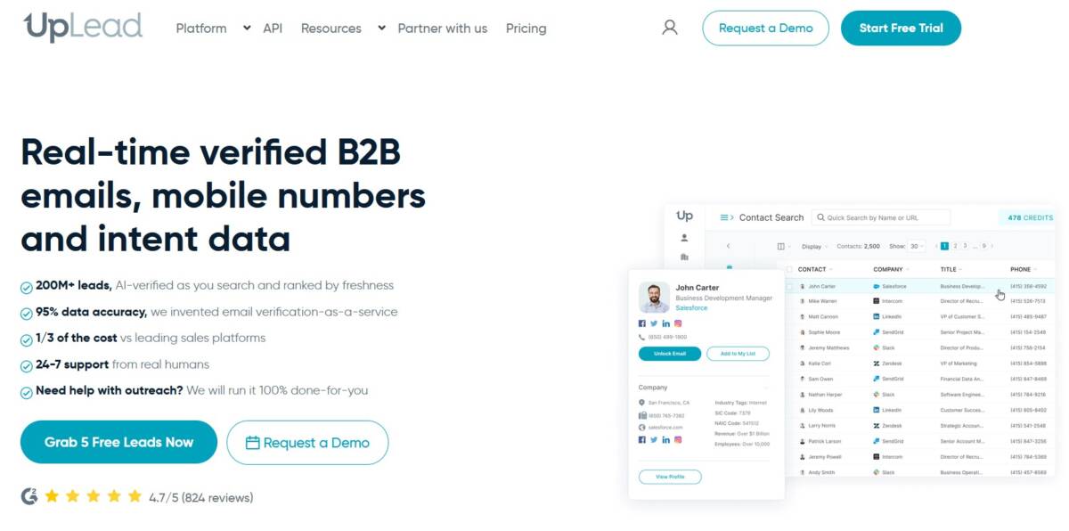 UpLead homepage: a Lead411 alternative built around accuracy guarantees and verified B2B contacts